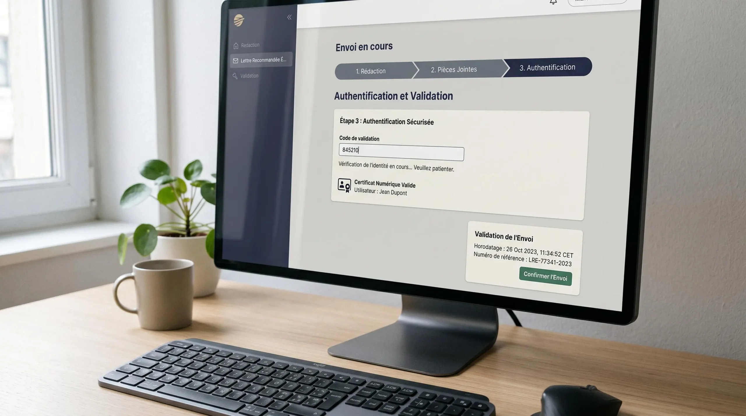 Écran d'ordinateur affichant l'interface d'envoi d'une lettre recommandée électronique qualifiée avec étapes d'authentification