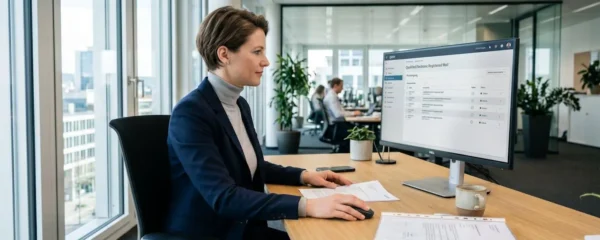Professionnel consultant une interface de lettre recommandée électronique qualifiée sur un écran d'ordinateur dans un bureau contemporain