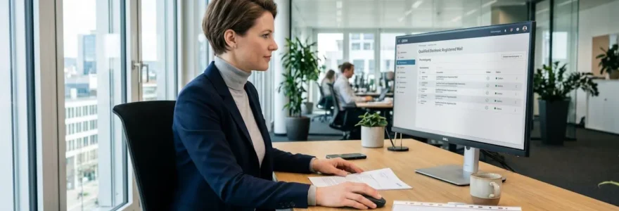 Professionnel consultant une interface de lettre recommandée électronique qualifiée sur un écran d'ordinateur dans un bureau contemporain