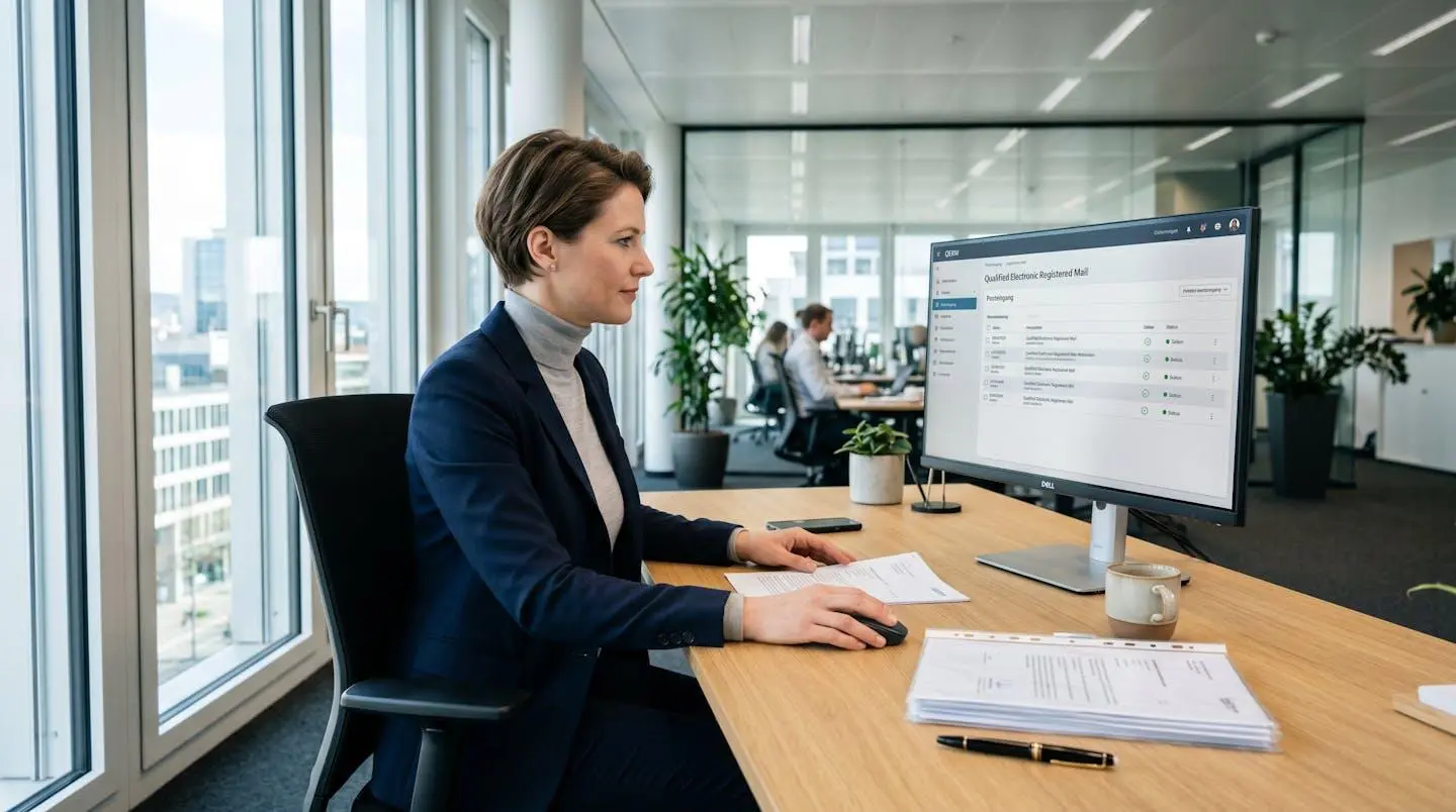 Professionnel consultant une interface de lettre recommandée électronique qualifiée sur un écran d'ordinateur dans un bureau contemporain