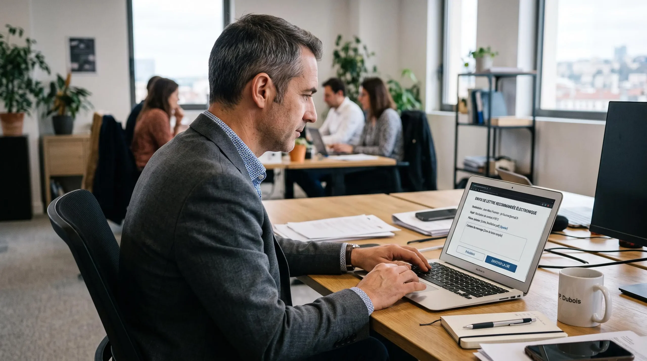 Professionnel utilisant un ordinateur portable pour envoyer un courrier recommandé électronique depuis son bureau