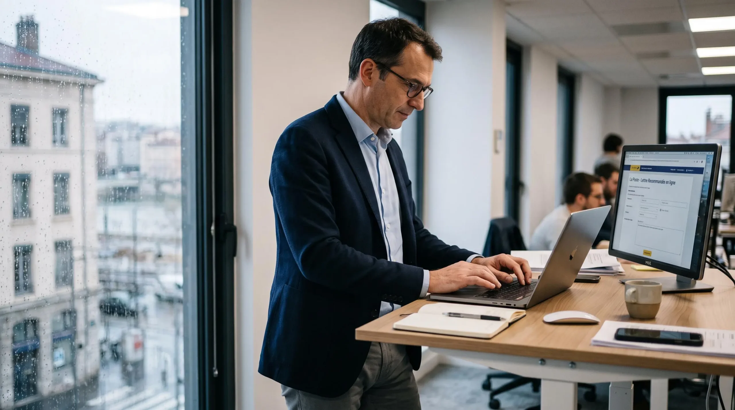 Professionnel utilisant un ordinateur portable pour envoyer un courrier recommandé électronique depuis son bureau