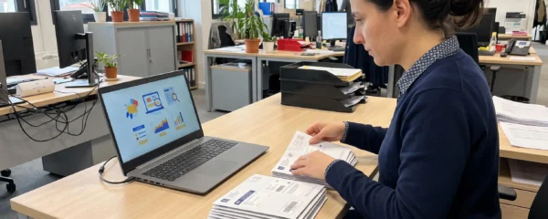 Professionnelle organisant des enveloppes de courrier recommandé sur une table de travail dans un service courrier d'entreprise