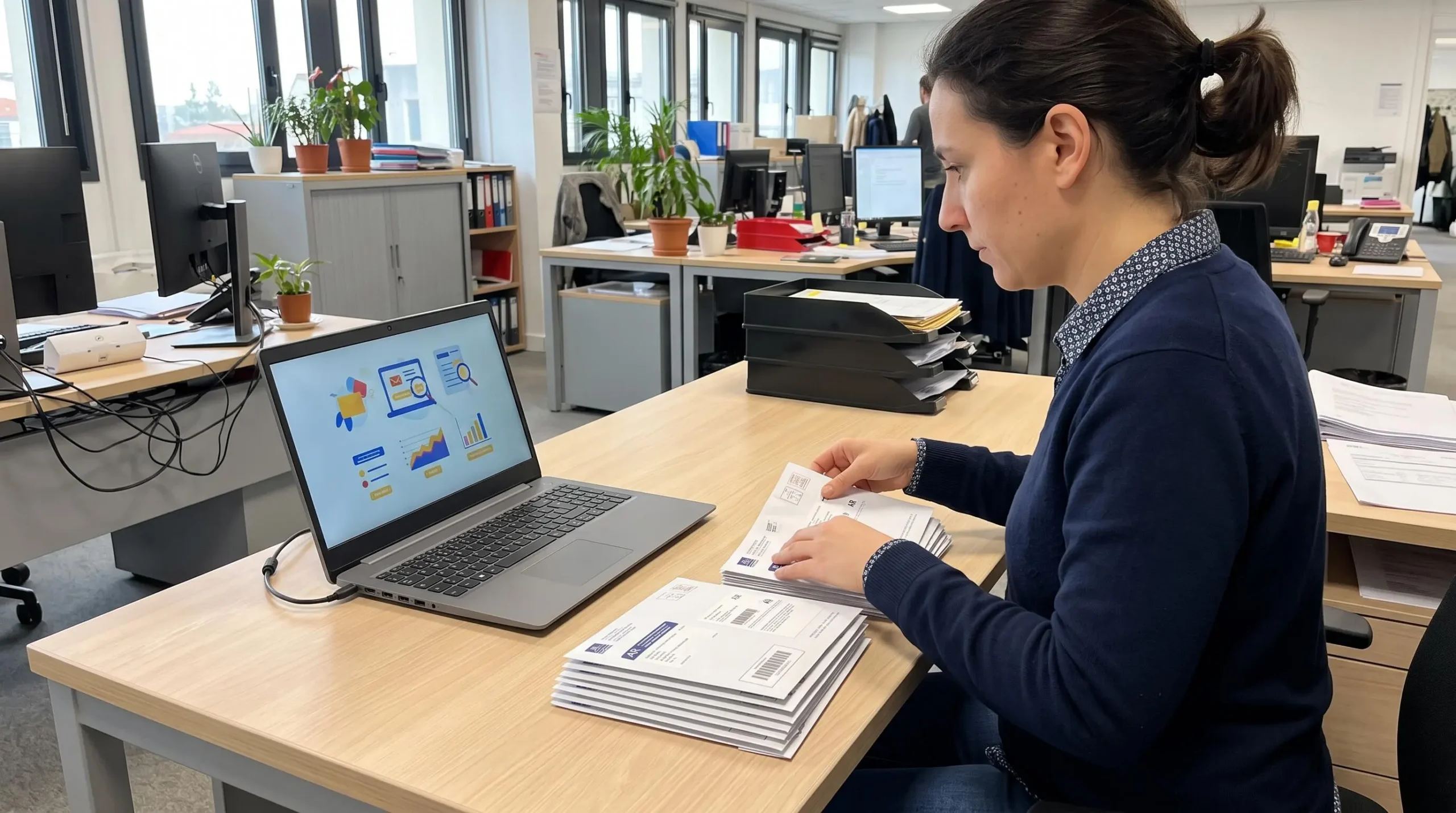 Professionnelle organisant des enveloppes de courrier recommandé sur une table de travail dans un service courrier d'entreprise